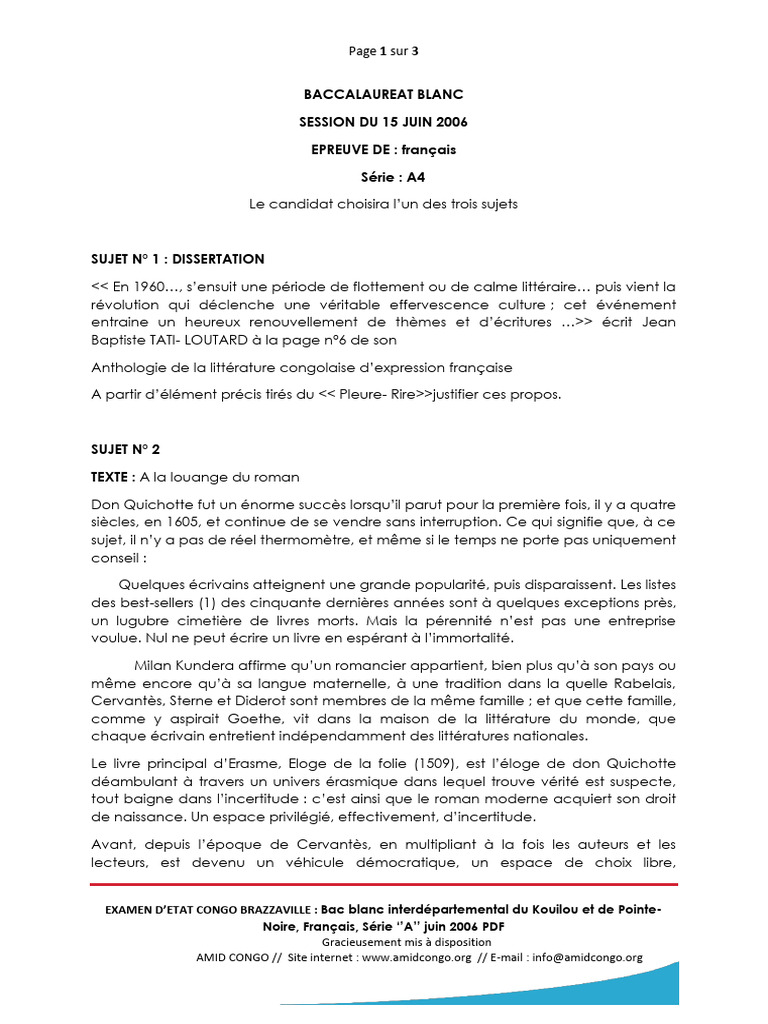Bac blanc français 2006 Congo | PDF | Romans