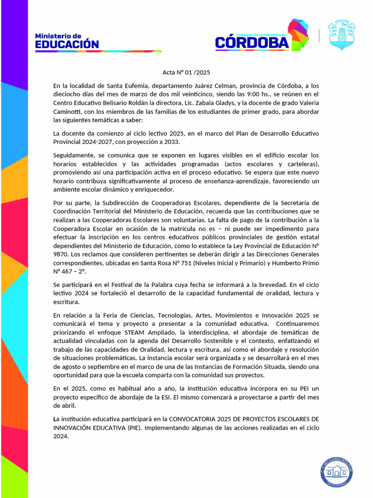 Acta de Inicio Ciclo 2025 en Santa Eufemia | PDF | Escuelas | Maestros