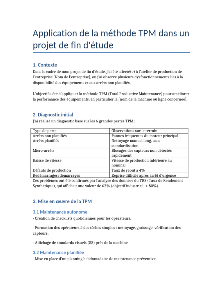 Application de la méthode TPM en projet | PDF