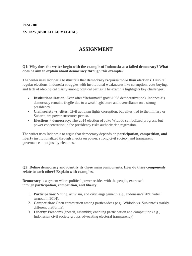 PLSC 101 Assignment | PDF | Democracy | Political Ideologies