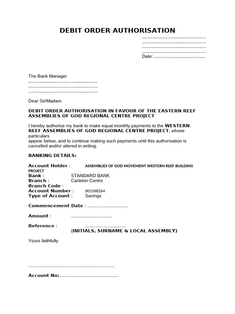 Debit Order Authorisation Form | PDF