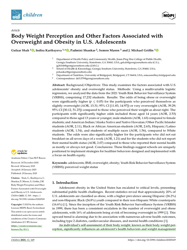 Body Weight Perception in U.S. Teens | PDF | Body Mass Index | Obesity