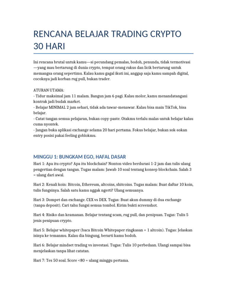 Rencana Belajar Trading Crypto Brutal 30 Hari | PDF
