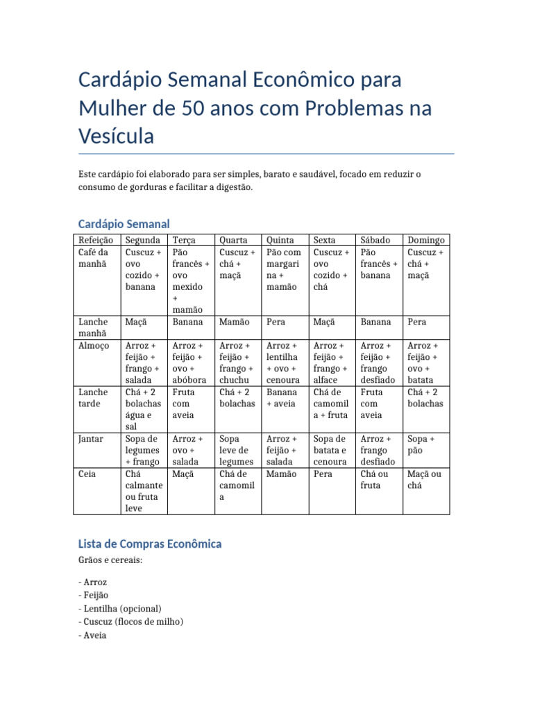 Cardápio para Pedra na Vesícula | PDF