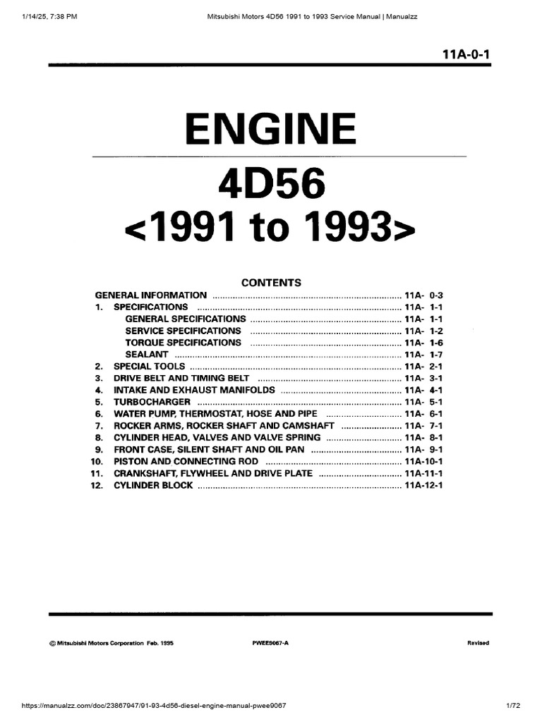 Mitsubishi Motors 4D56 1991 To 1993 Service Manual Manualzz | PDF