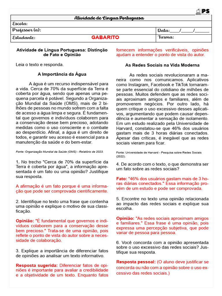 Fato e Opinião: Atividades e Gabarito | PDF | Rede social