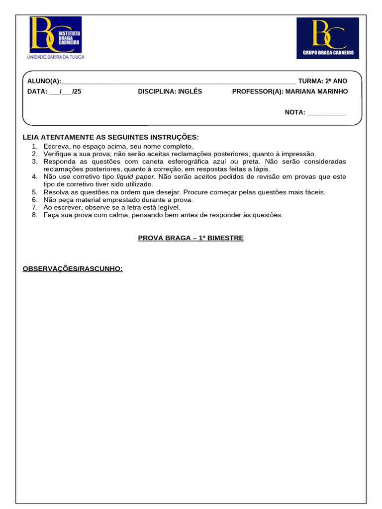 Prova de Inglês - 2º Ano Fundamental | PDF