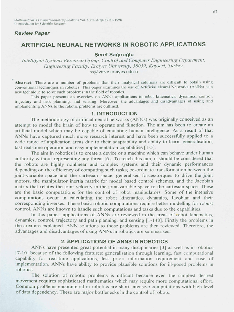 ANN Applications in Robotics | PDF | Control Theory | Robotics