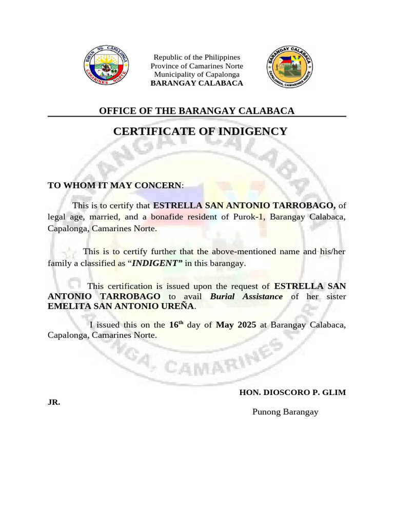 Certificate of Indigency for Burial Aid | PDF