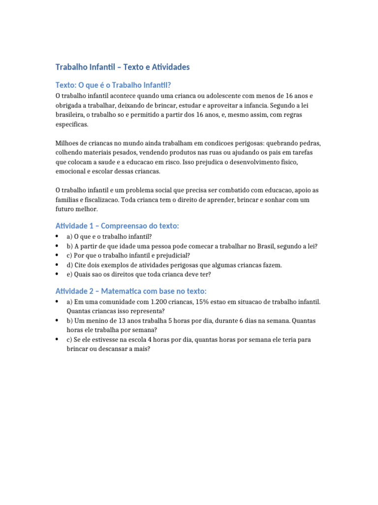 Texto e Atividade Trabalho Infantil | PDF