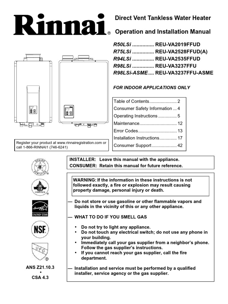 Rinnai RS75LS - Installation and Operation Manual | PDF | Water Heating |  Hvac