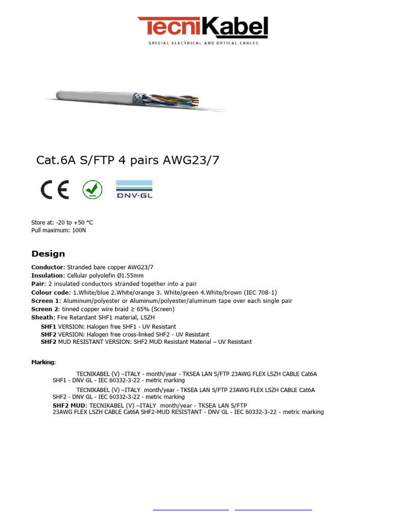 Tecnikabel SHF2 Cat.6A Cable Overview | PDF | Specification (Technical ...