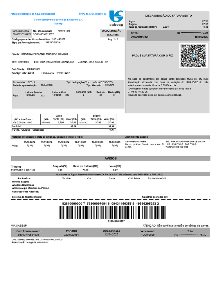 Sabesp Fatura Completa 86040710534978 9109431460357 849400 | PDF