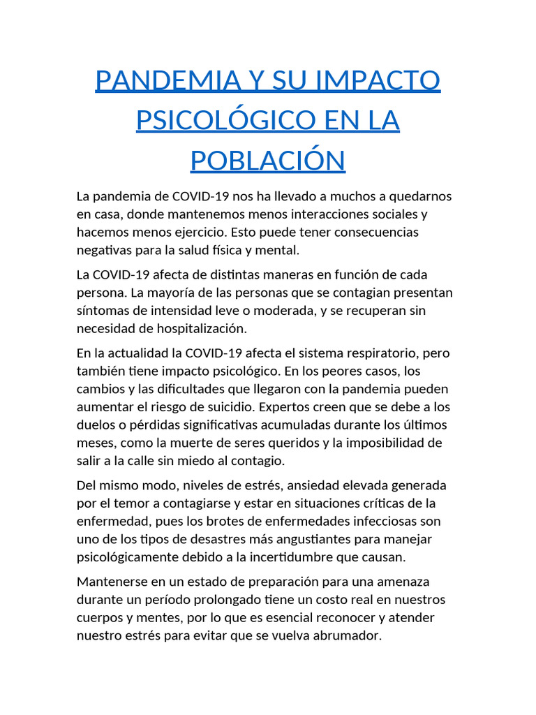 Impacto Psicológico de la Pandemia | PDF | Estrés (biología) | Ansiedad