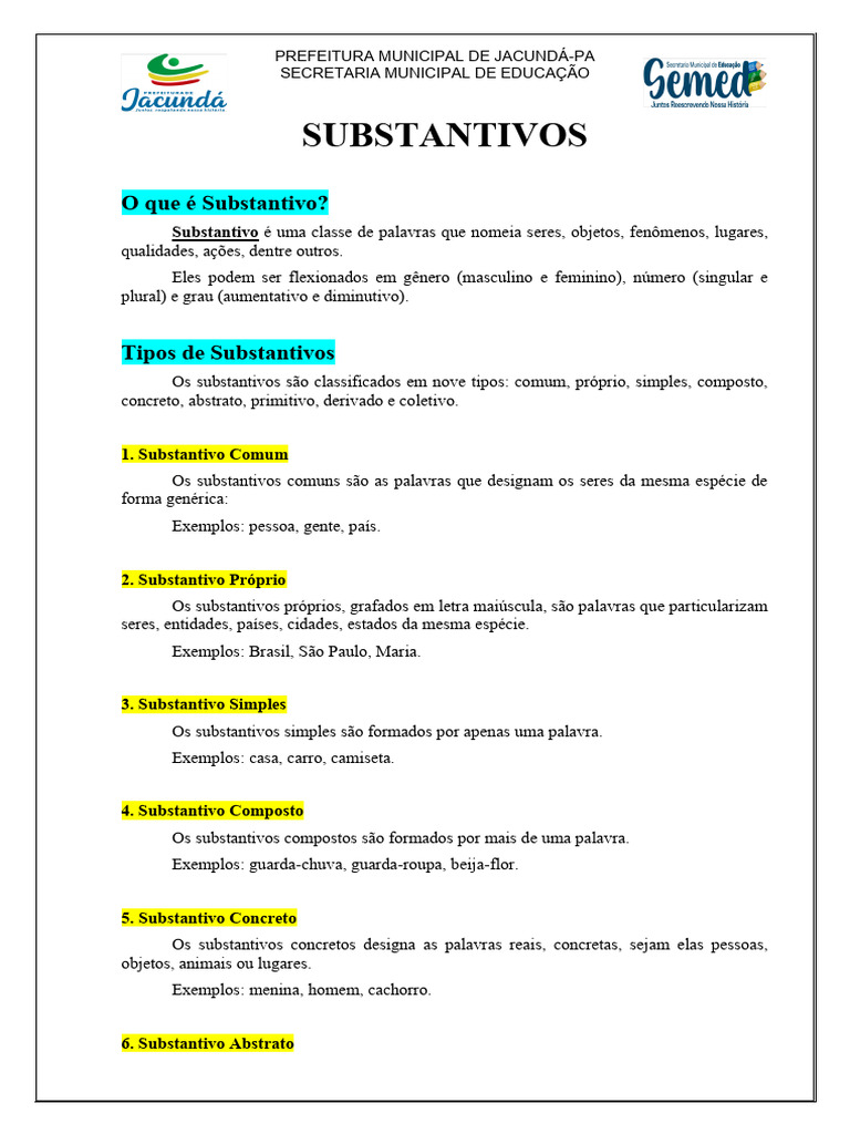 Tipos e Exemplos de Substantivos | PDF | Substantivo | Famílias ...
