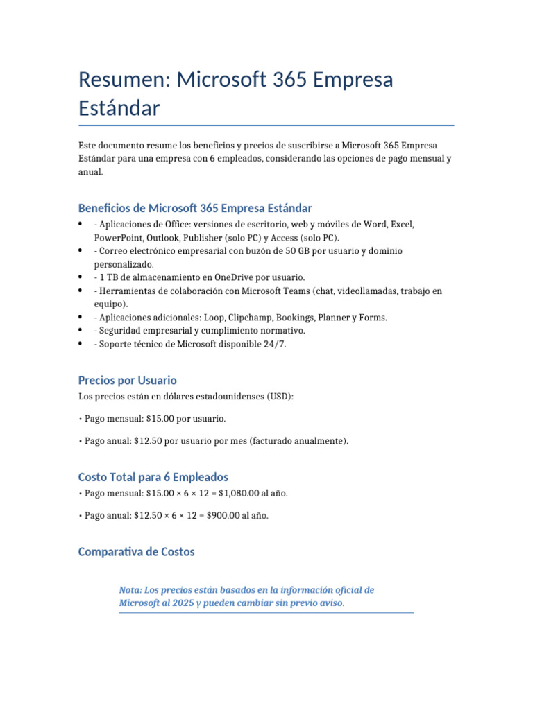 Microsoft 365 Empresa Estandar Resumen COMPARATIVA | PDF | Microsoft ...