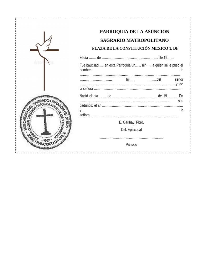 Formato de Fe de Bautismo Católico | PDF