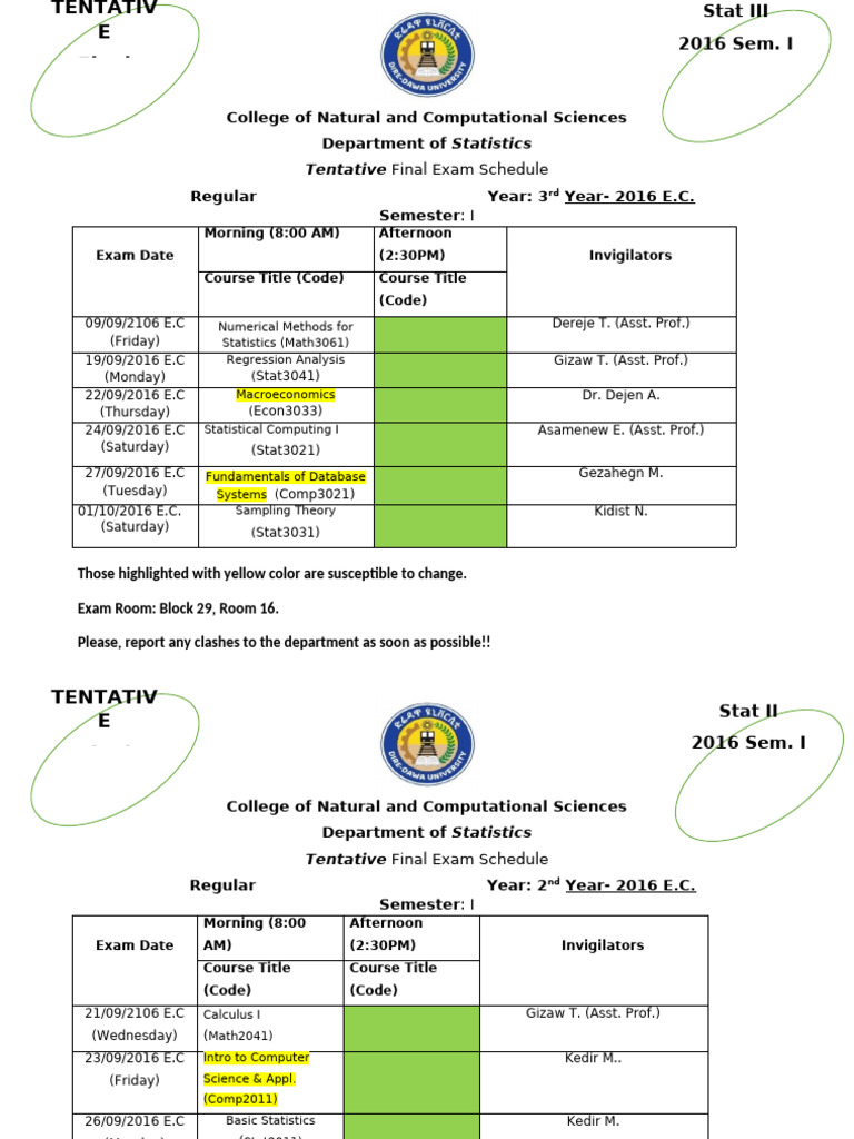 Stat II & III Tentative Final Exam - 2016 Sem II | PDF | Statistics ...