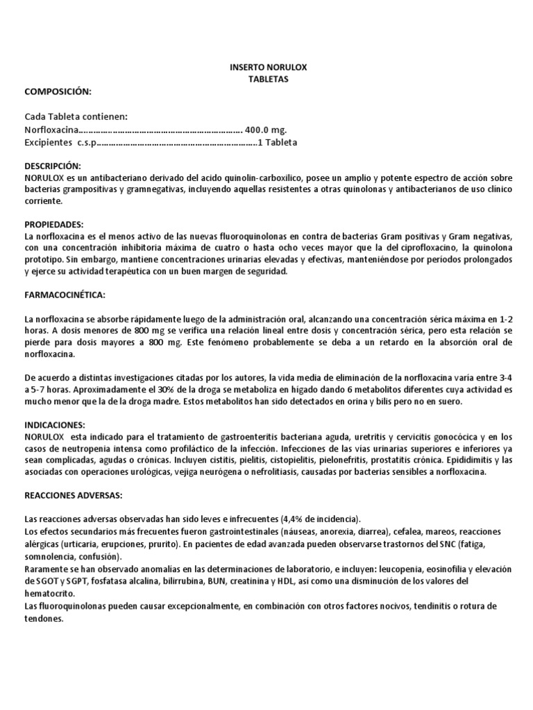 Inserto Norulox Infeccion Del Tracto Urinario Drogas