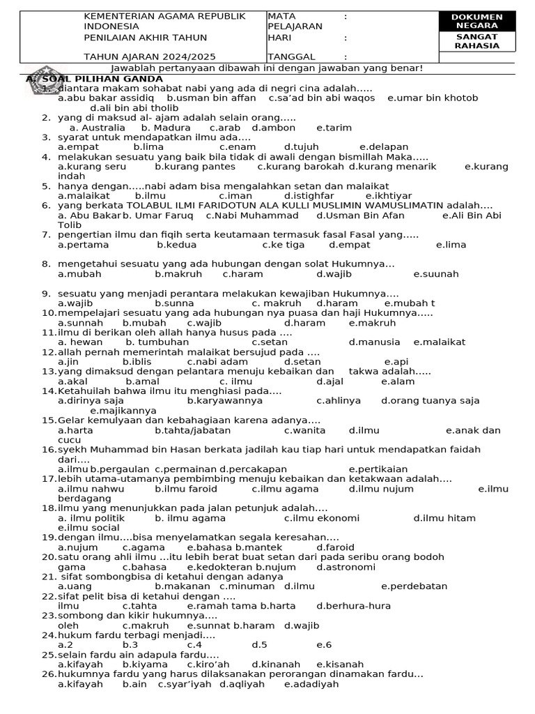 Soal Ta'Lim Kls X PAT 25 | PDF