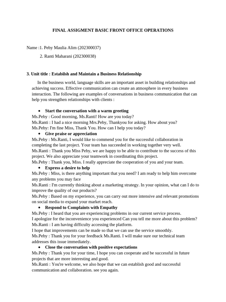 Front Office Operations Communication Guide | PDF