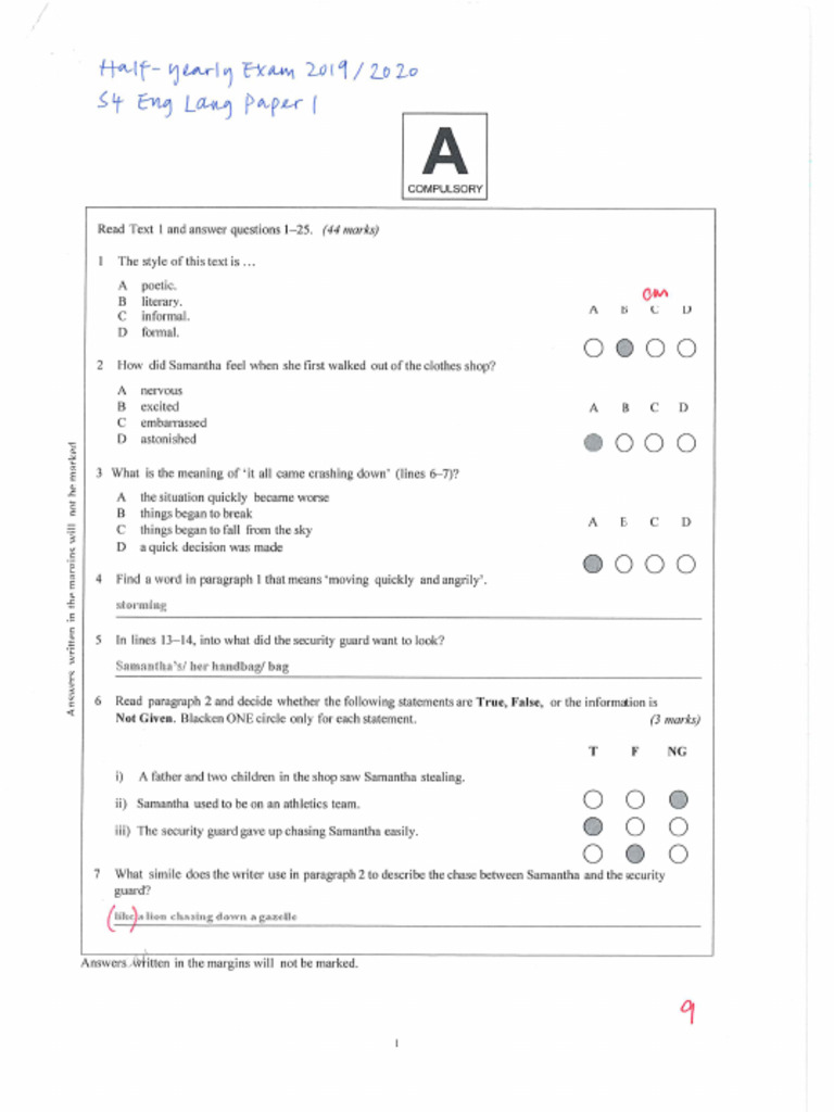 S4 Final Exam 201920 Paper 1 Reading Answer Key | PDF