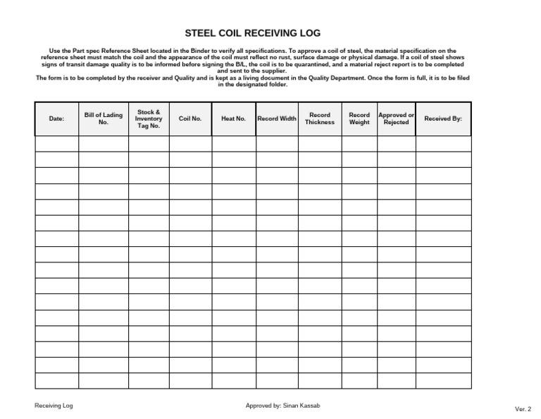 Steel Coil Receiving Log Template | PDF