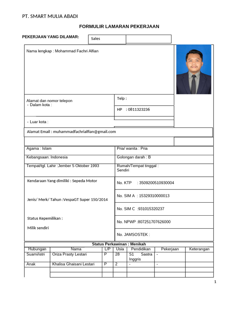 Formulir Lamaran Kerja PT Smart Mulia | PDF