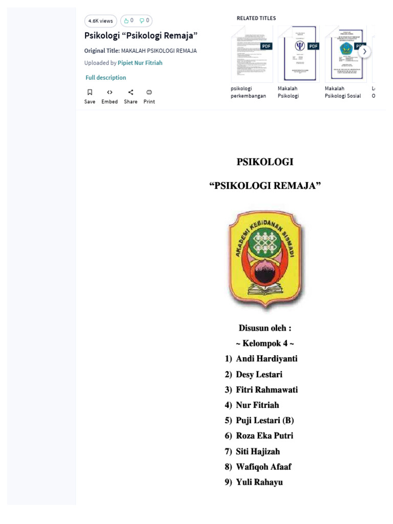 Pdf Psikologi Psikologi Remaja Compress Pdf