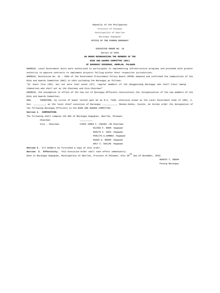 Reorganization of BAC in Barangay Gogognan | PDF | Government | Justice