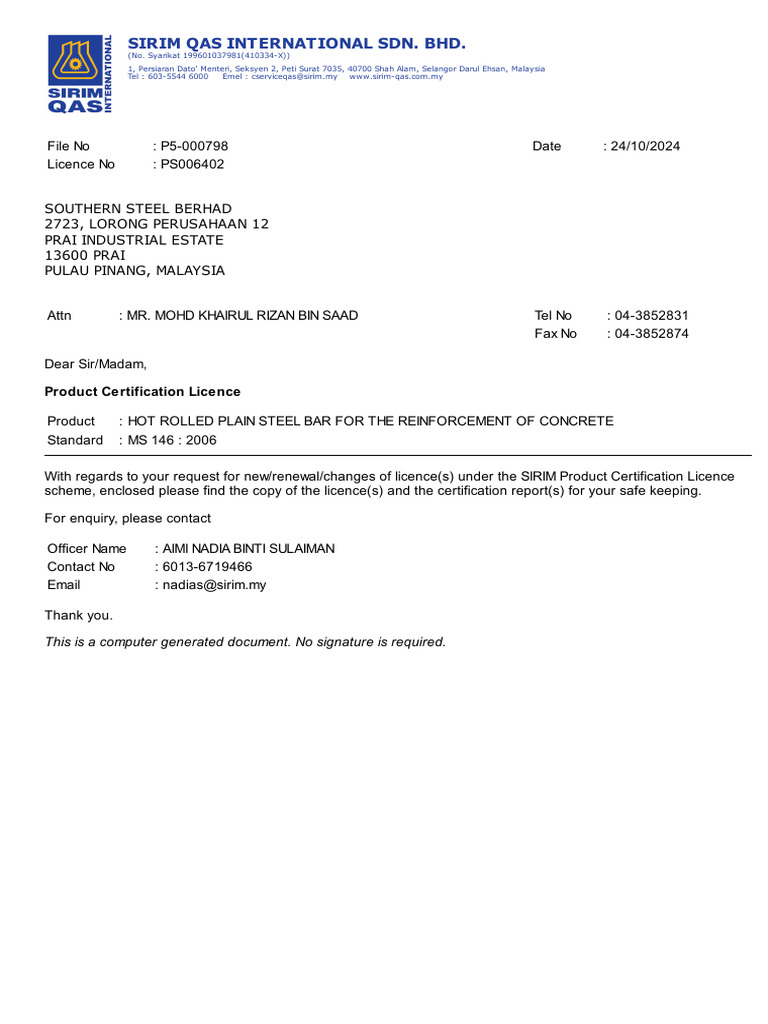 Southern Steel Berhad (P5-000798) Renewal - MS146 - 2006 | PDF