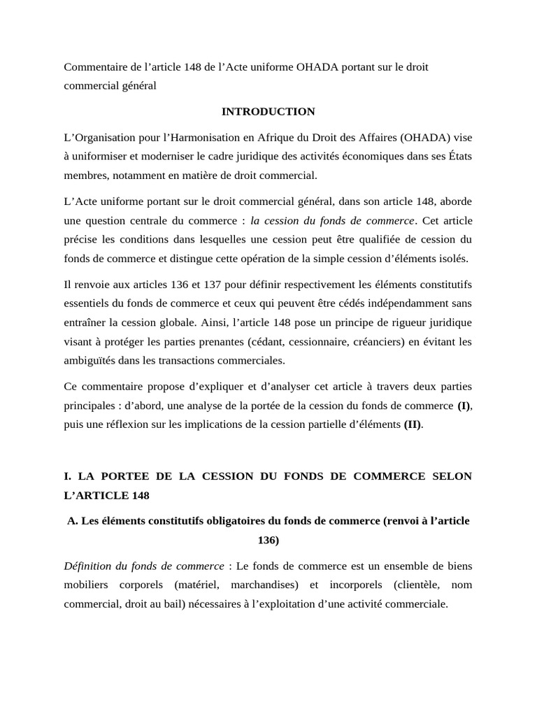 Analyse de l'article 148 OHADA | PDF | Commerce
