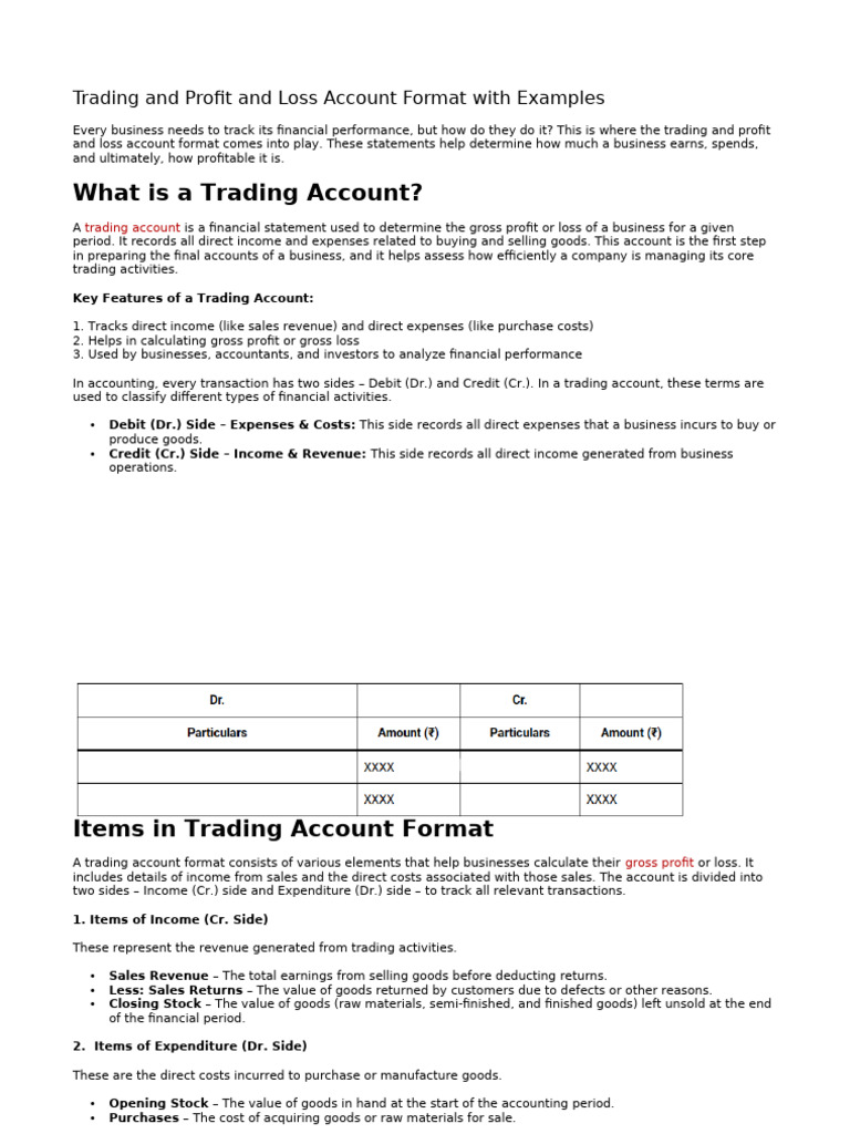 Trading and P&L Account Format Guide | PDF | Income Statement | Expense