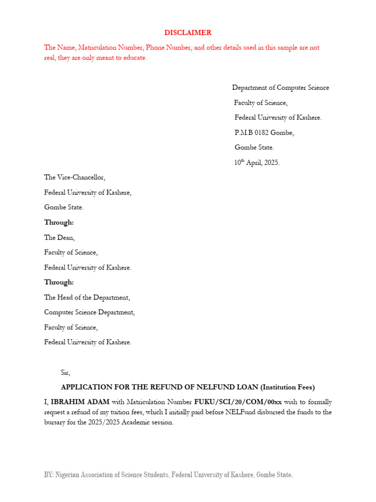 Sample Request Letter For NELFund Refund (Institution Fees) - 031900 | PDF