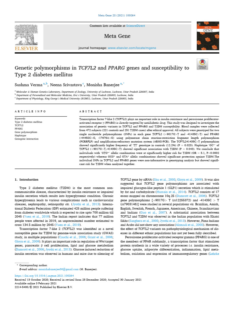 TCF7L2 and PPARG Genes in T2DM Risk | PDF | Single Nucleotide ...