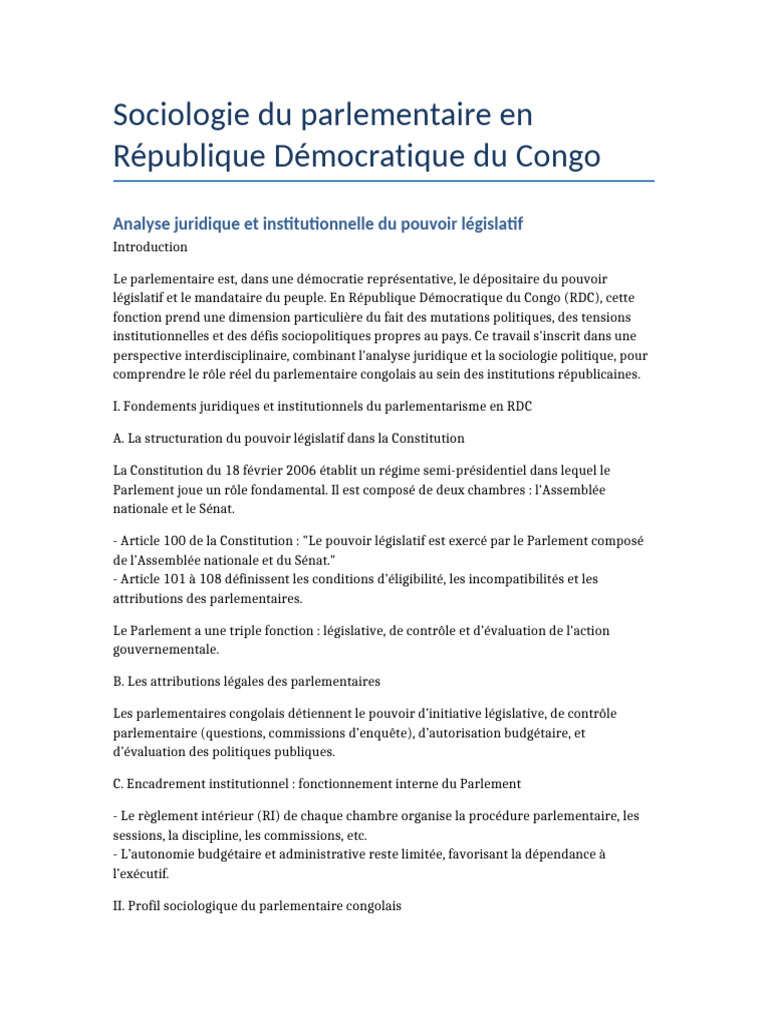 Sociologie du parlementaire en RDC | PDF | Parlement | République ...
