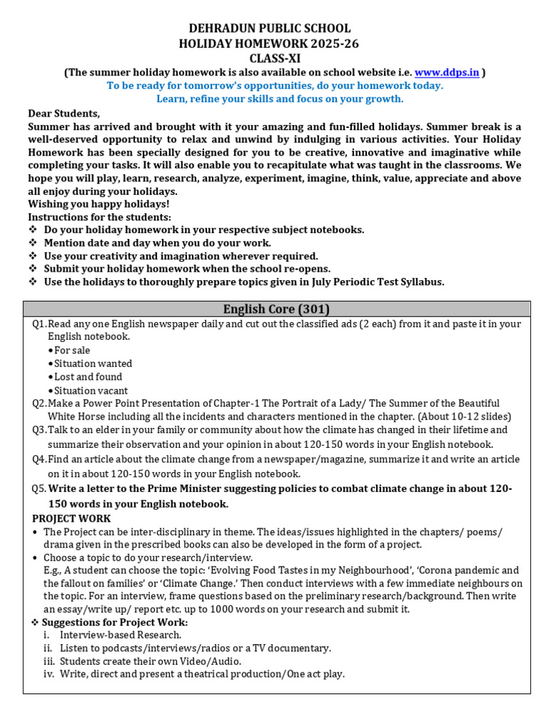 Class XI Holiday Homework 2025-26 | PDF | Sociology | Mole (Unit)