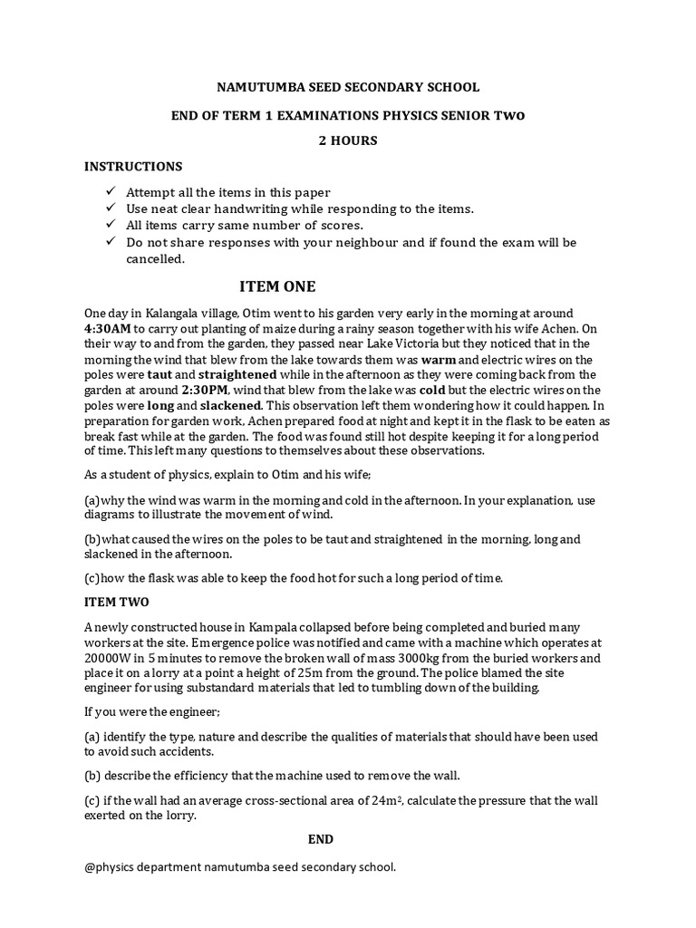 S 2 Physics Sample Items | PDF
