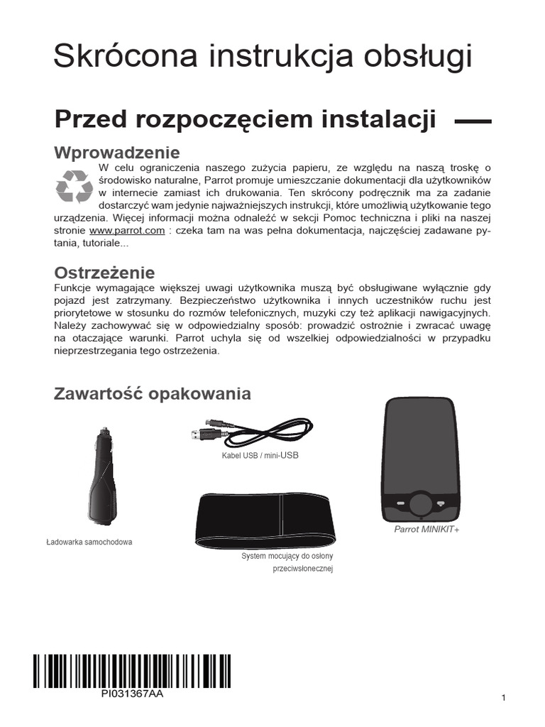 Parrot MINIKIT Plus Quick Start Guide PL | PDF