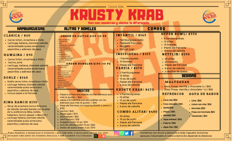 Menú del Krusty Krab en Irapuato | PDF | Alimentos | Industria de alimentos