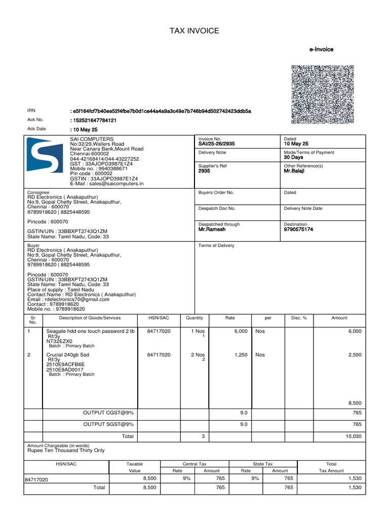 Tax Invoice for RD Electronics | PDF | Taxes | Government Finances