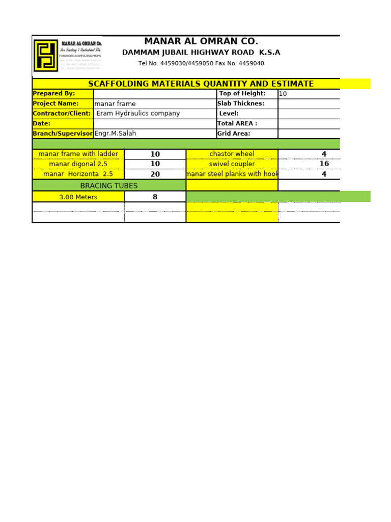 Scaffolding Materials Estimate for Manar Frame | PDF