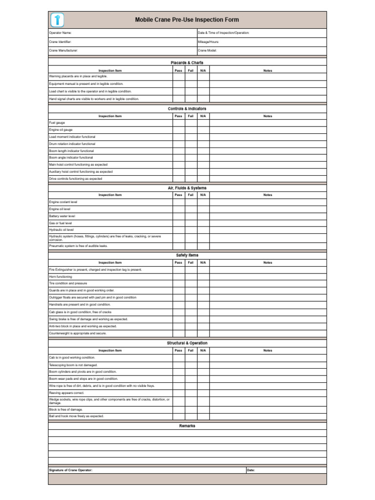 Mobile Crane Pre Use Inspection Form | PDF | Crane (Machine) | Leak
