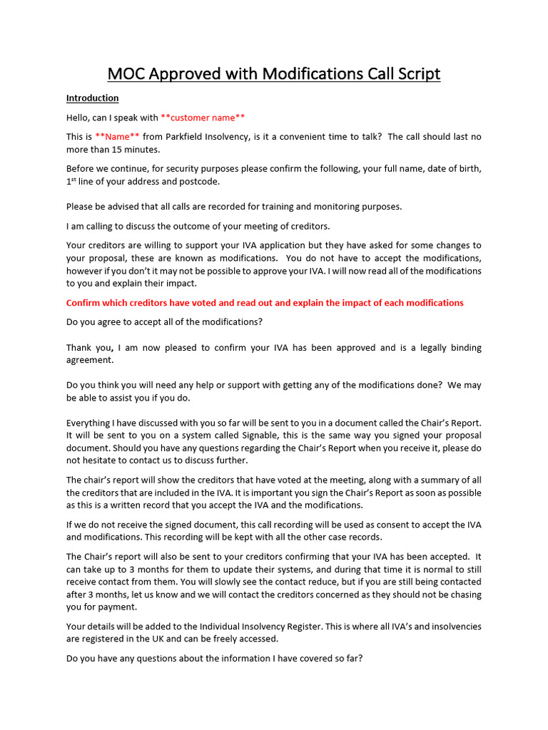 MOC Script IVA Approved With Mods V2 | PDF | Payments | Personal Finance