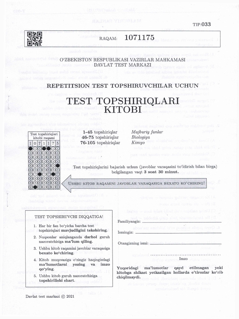 Test Topshiriqlari Kitobi: Repetitsion Test Topshiruvchilar Uchun | PDF