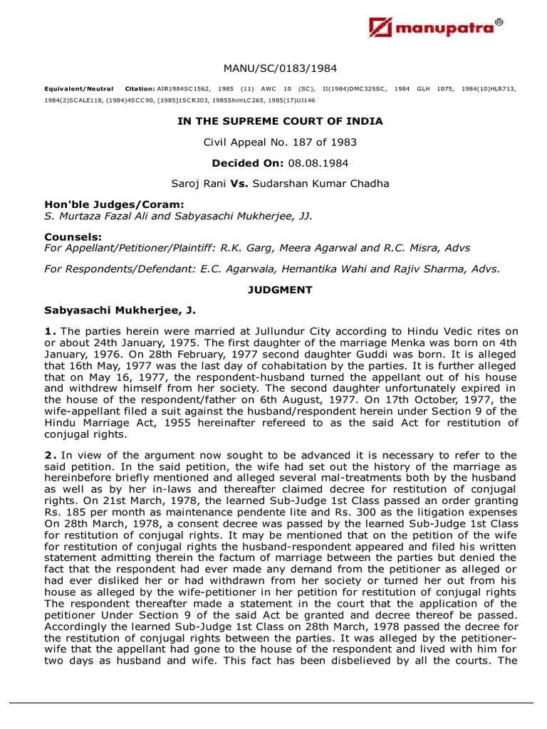 Saroj Rani Vs Sudarshan Kumar Chadha 08081984 Ss840183COM14333 | PDF ...