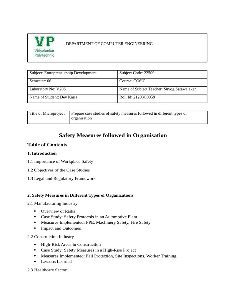 Safety Measures in Various Organizations | PDF | Occupational Safety ...