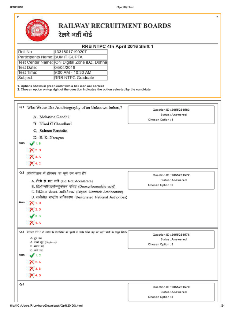RRB NTPC April 2016 Exam Questions | PDF