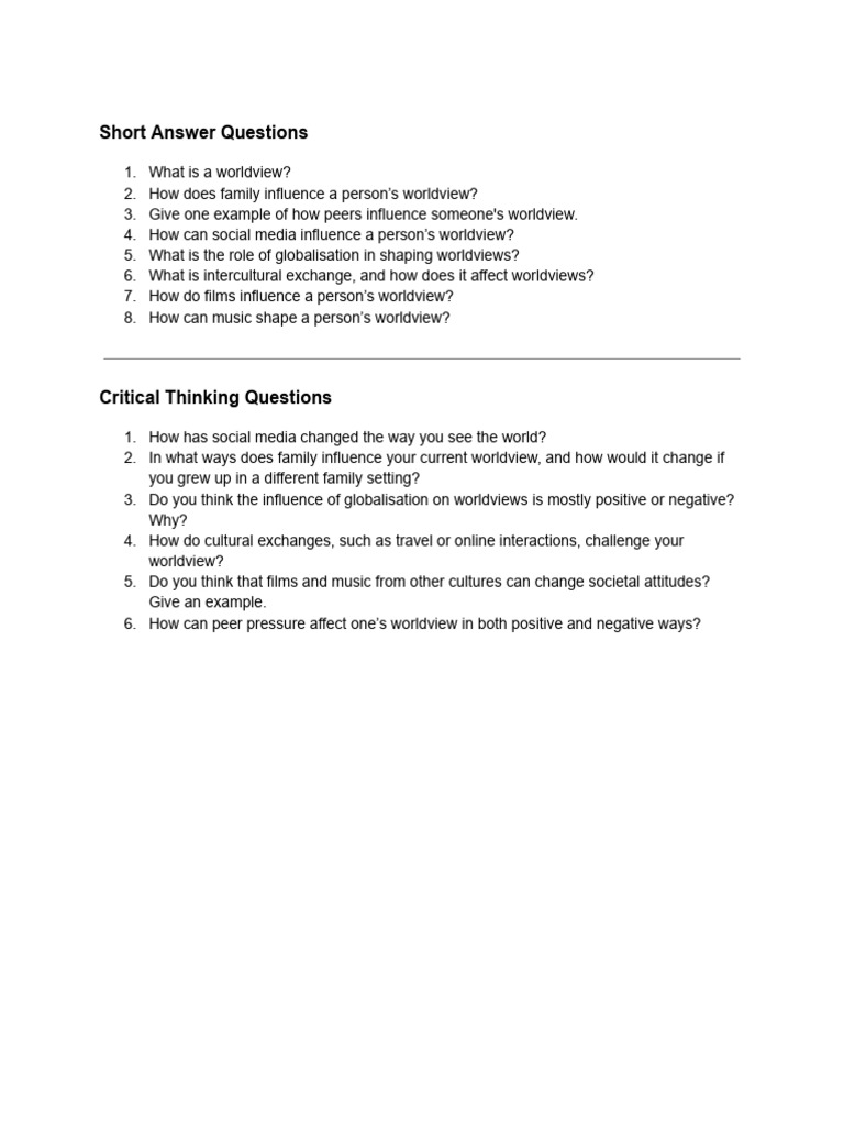 Worldviews Questions Pdf