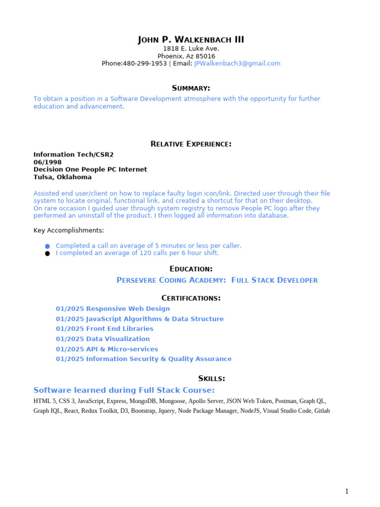 Software Developer Resume of John P. Walkenbach | PDF